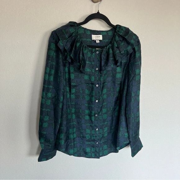 New J. Crew Collection Silk Twill Ruffle-collar Blouse Top Plaid Green Blue NWT - Picture 4 of 15